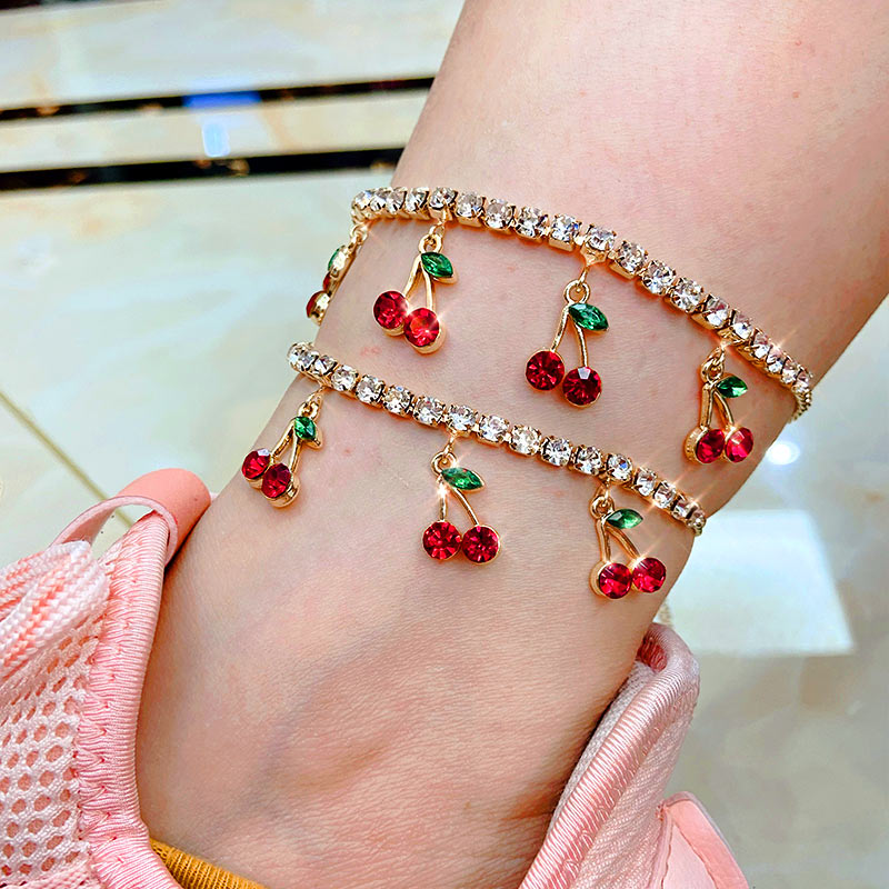 Skhek Gold Silver Color Cherry Anklet Rhinestone Crystal Ankle Boho Beach Anklets For Women Sandals Foot Bracelets Female Jewelry