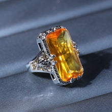 Load image into Gallery viewer, Fashion Large Square Yellow Crystal Ring Hollow Carved Design Ring Band for Bridal Dazzling Wedding Engagement Rings