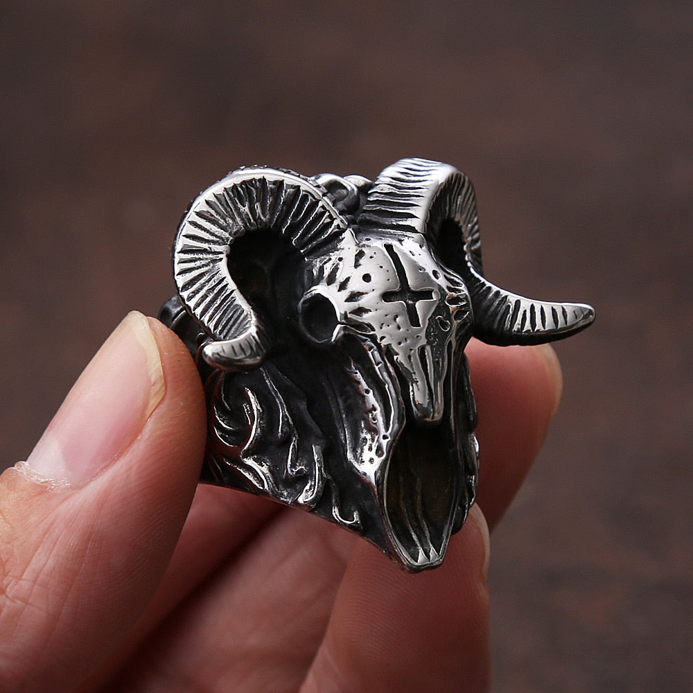 Skhek Vintage Distressed Skull Satan Ring Men Punk Hip Hop Stainless Steel Gothic Ring Fashion Biker Rings For Men Jewelry