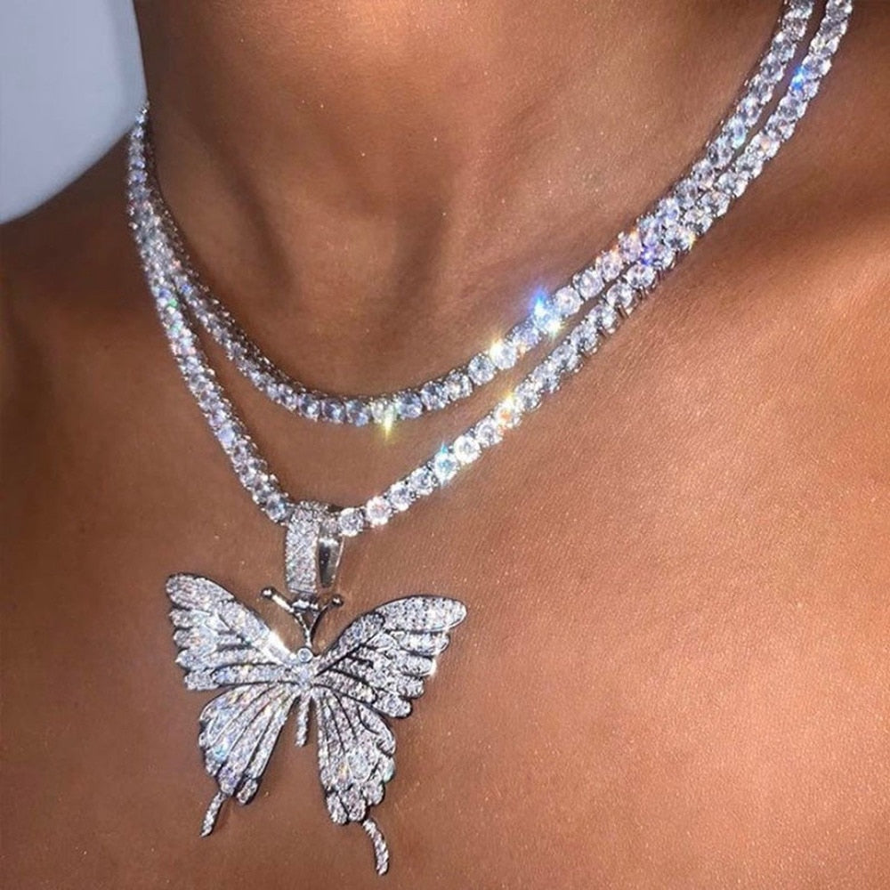 Skhek Statement Big Butterfly Pendant Necklace Rhinestone Chain For Women Bling Tennis Chain Crystal Choker Necklace Party Jewelry