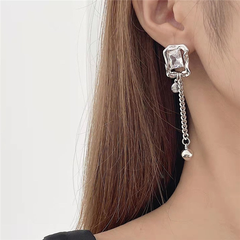 SKHEK Korea Fashion Silver Color Asymmetry Crystal Love Heart Tassel Charm Drop Earrings For Women Party Wedding Jewelry Accessories