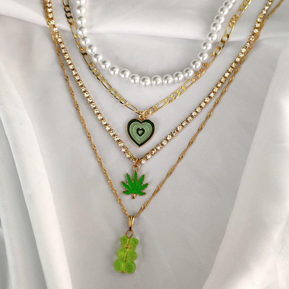 SKHEK New Multi-Layer Enamel Heart Leaf Crystal Chain Necklace For Women Green Gummy Bear Pendant Pearl Necklace Fashion Jewelry Gift
