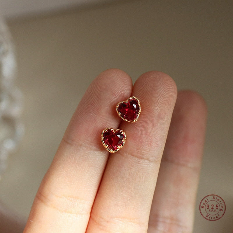 925 Sterling Silver Red Heart Stud Earrings For Women Luxury Temperament Wedding Party Jewelry Accessories Girlfriend Gift