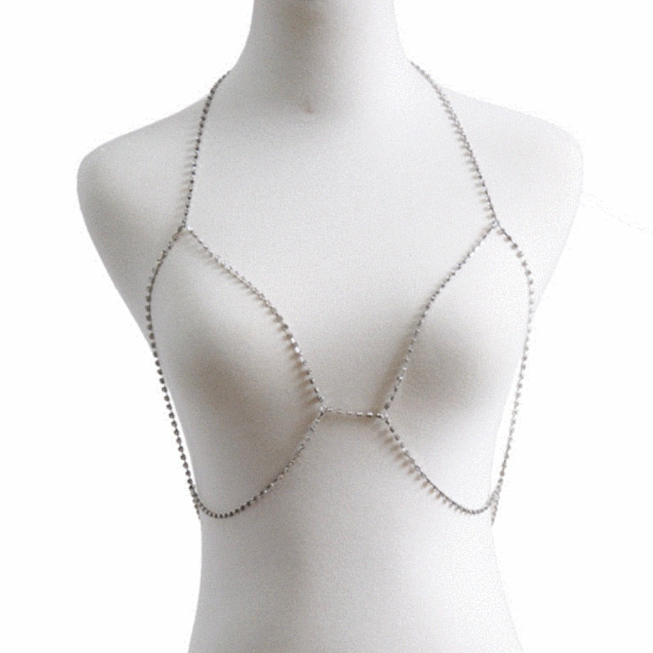 Trendy sexy shiny long diamond women's body chain geometric chest chain fashion sexy diamond bra chain body chain