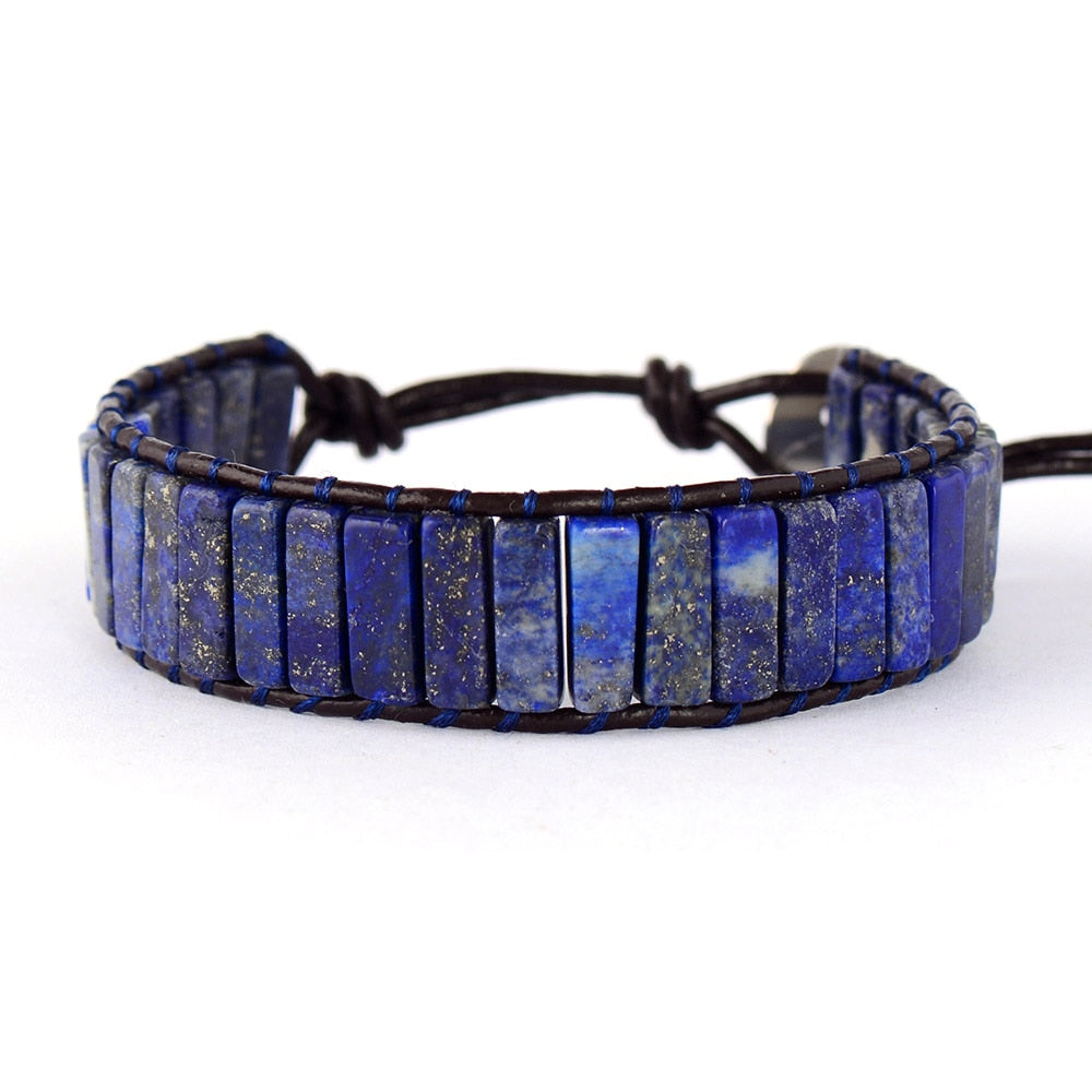Skhek High End Tube Shape Lapis Lazuli Single Leather Wrap Bracelets Vintage Weaving Beaded Cuff Bracelet Bijoux