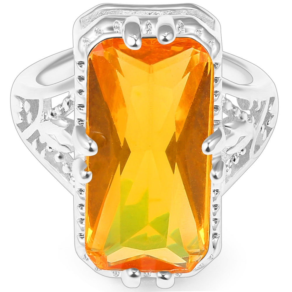 Fashion Large Square Yellow Crystal Ring Hollow Carved Design Ring Band for Bridal Dazzling Wedding Engagement Rings