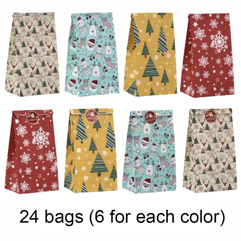 24pcs Kraft Paper Candy Cookie Bag Santa Claus Snowman Christmas Gift Packing Bags Xmas Navidad New Year Party Decor Supplies