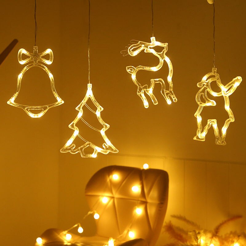 Christmas Lights Bell Snowman Star Lamp Holiday Window Decor LED Sucker Lights Battery Powered Xmas Garland for Home Decor Lamps