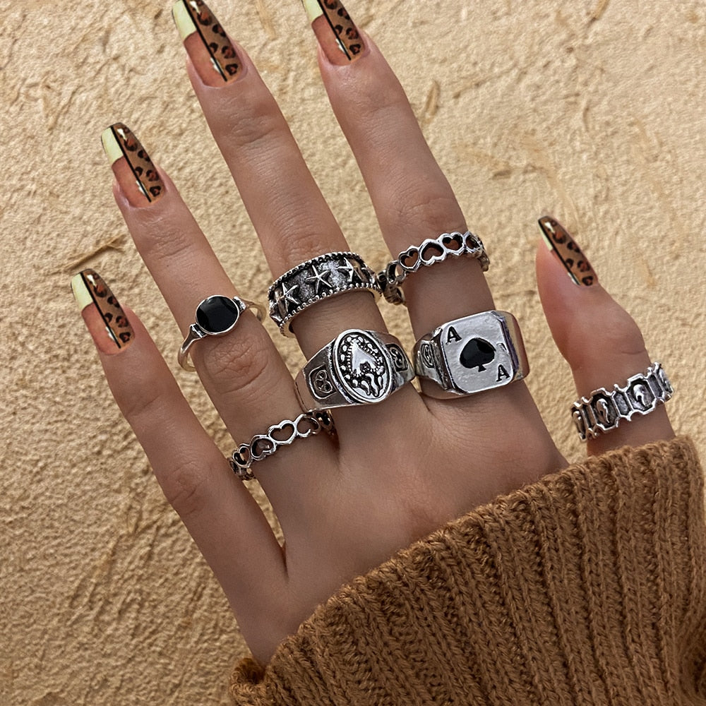 Skhek Vintage Gothic Skull Flower Angel Rings for Women Hip Hop Silver Color Butterfly Heart Finger Ring Fashion Streatwear Jewelry