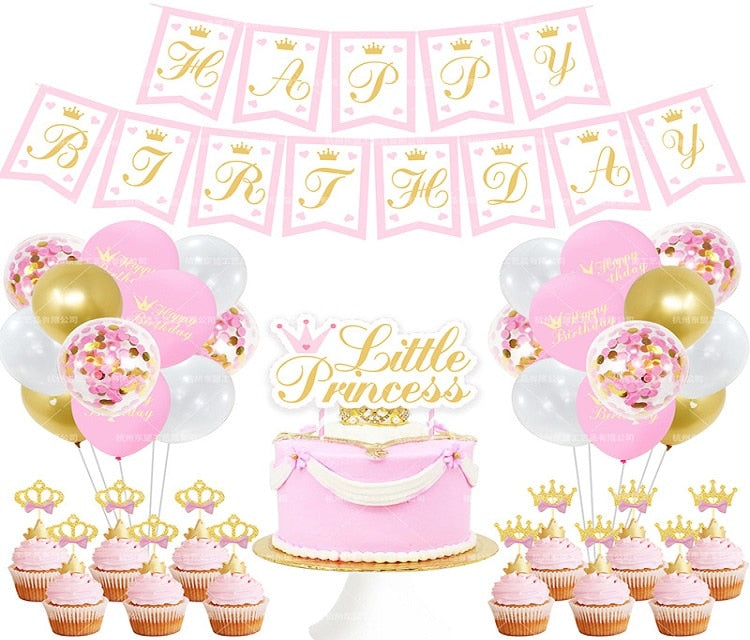 Princess Birthday Decoration Theme Girl Birthday Party Decor  Banner With Pink Balloons Suit  Queen Crown Cake Topper