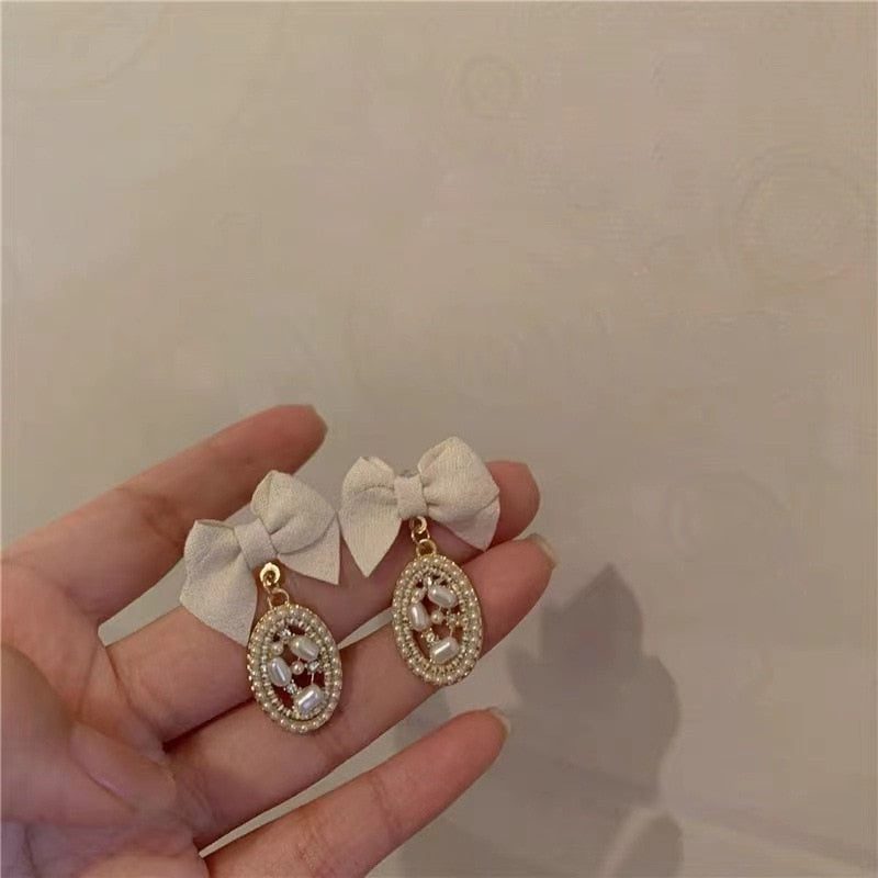 Christmas Gift Fashion Velvet Bow Drop Earrings For Women Temperament Pearl  Heart Red Black Earring Girls Party Christmas Jewelry Gifts