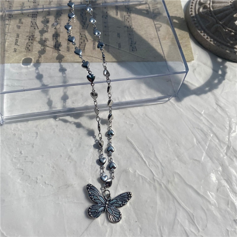 SKHEK Goth Harajuku Butterfly Pearl Beads Pendant Chain Choker Necklace For Women Egilr Friends Punk Animal Trendy Grunge Jewelry Gift