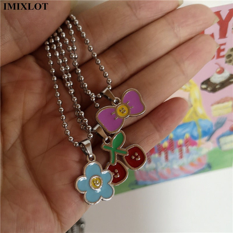 SKHEK 2022 Kpop Cute Colorful Star Butterfly Bear Necklace Pendants Metal Necklaces For Women Unisex Harajuku Jewelry Gift Accessories