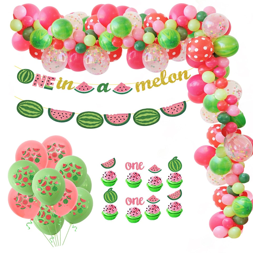 1Set Watermelon Party Balloon Kit Cake Topper Banner Summer Pool Decoration One Birthday Kids DIY Gift Baby Shower Supplies
