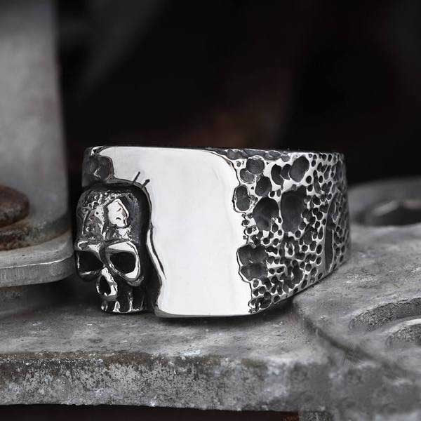 Skhek Unique Silver Color 316L Stainless Steel Evil Skull Ring Mens Punk Rock Biker Jewelry Dropshipping OSR538