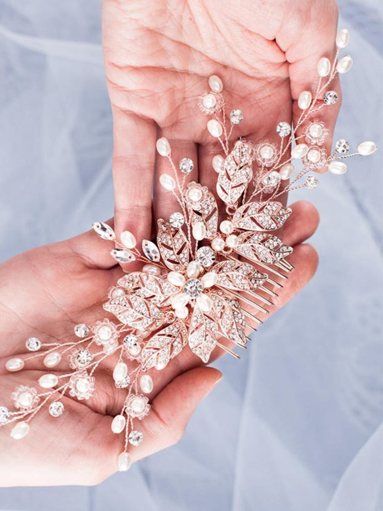 Trendy Leaf Pearl Rose Gold Wedding Hair Combs Tiara Bridal Headpiece Women Head Decorative Jewelry Wedding Hair Accessories