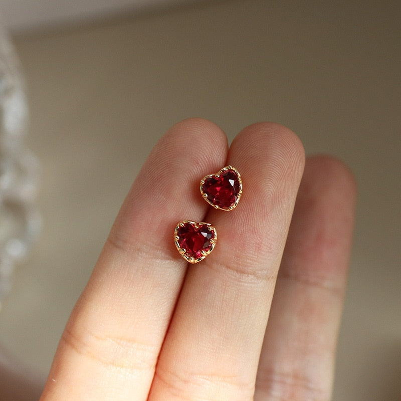 Skhek Red Heart Stud Earrings For Women Luxury Temperament Wedding Party Jewelry Accessories Girlfriend Gift