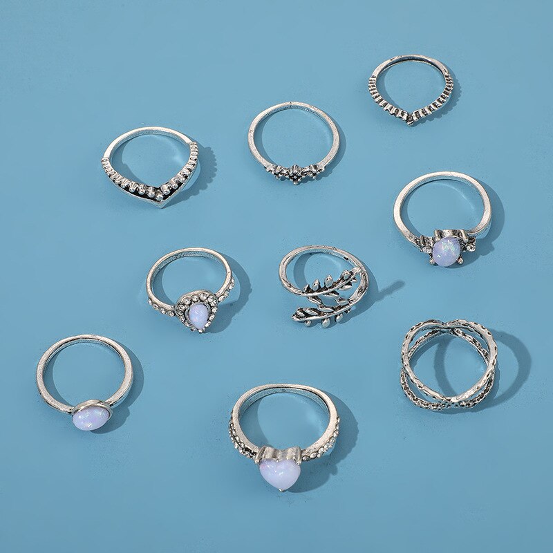 Vintage Carved Crystal Rings Set Heart Drop Stone Ring For Women Metal Charm Ring Bohemian Wedding Fashion Jewelry Party Gifts
