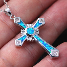 Load image into Gallery viewer, Skhek Fashion Necklace Charm White/Green/Blue Imitation Fire Opal Cross Pendants Necklaces For Women/Men Accessories  Jewelry Party Gi