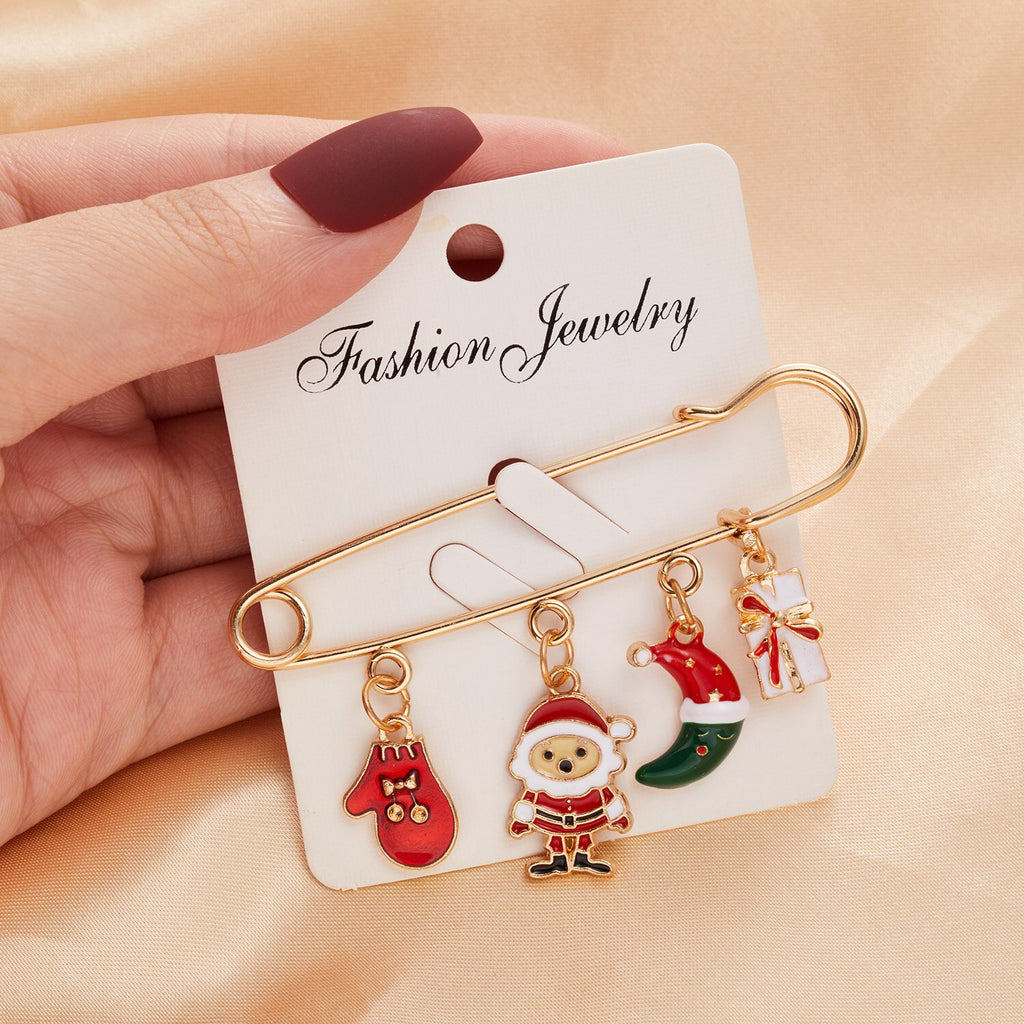 Christmas Gift Christmas Santa Claus Snowman Snowflake Enamel Alloy Badge Brooch Pin Double Chain Christmas Brooch Fashion Xmas Jewelry