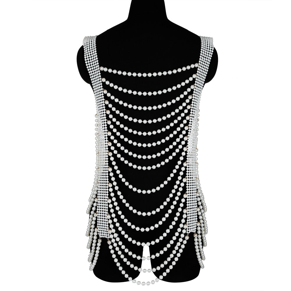 Skhek Pearl Necklaces Shawl Women Punk Style Beaded Collar Shoulder Long Chain Necklaces Sweater Chain Sexy Wedding Dress Body Jewelry
