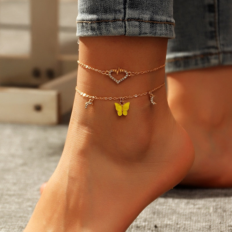 Love Heart ECG Butterfly Moon Charms Women Anklet Ankle Bracelet Sexy Barefoot Sandal Beach Foot Jewelry For Lady Perfect Gift