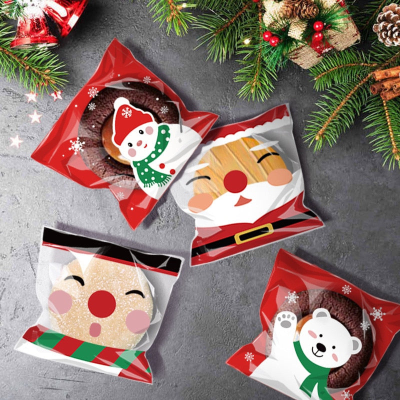 Christmas Gift 50/100pcs Xmas Tree Santa Bags Self-adhesive Cookie Packing Plastic Bags Christmas Cellophane Bags Candy Bag Christmas Stocking