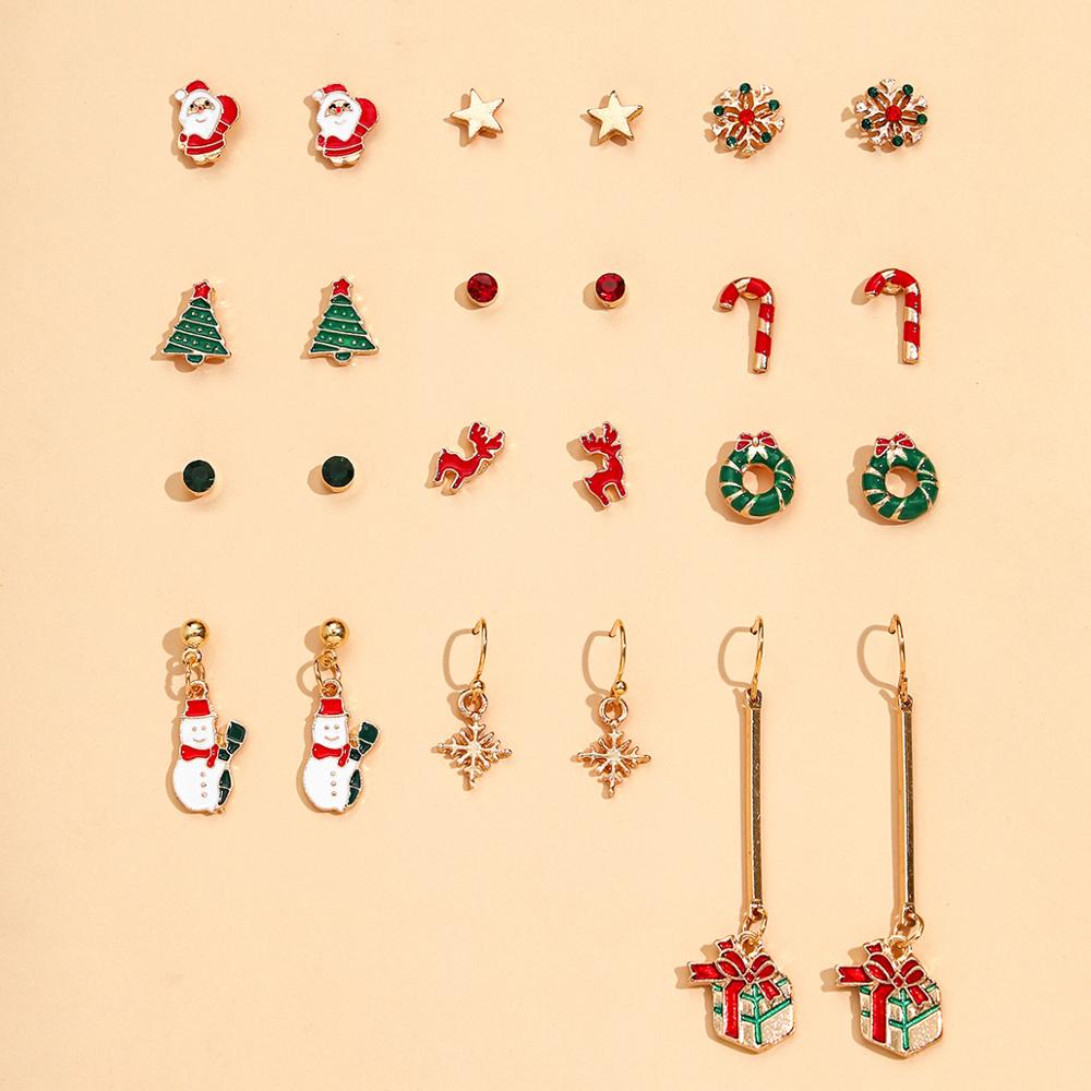 Christmas Gift New 12 Pairs Christmas Earrings Set Elk Tree Cartoon Bell Santa Claus Stud Earrings Jewelry New Year Gifts Pendientes Earring