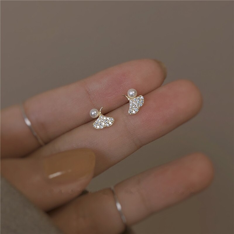 Christmas Gift 925 Sterling Silver Exquisite Crystal Romantic Ginkgo Biloba Plating 14k Gold Stud Earrings Women Temperament Wedding Jewelry