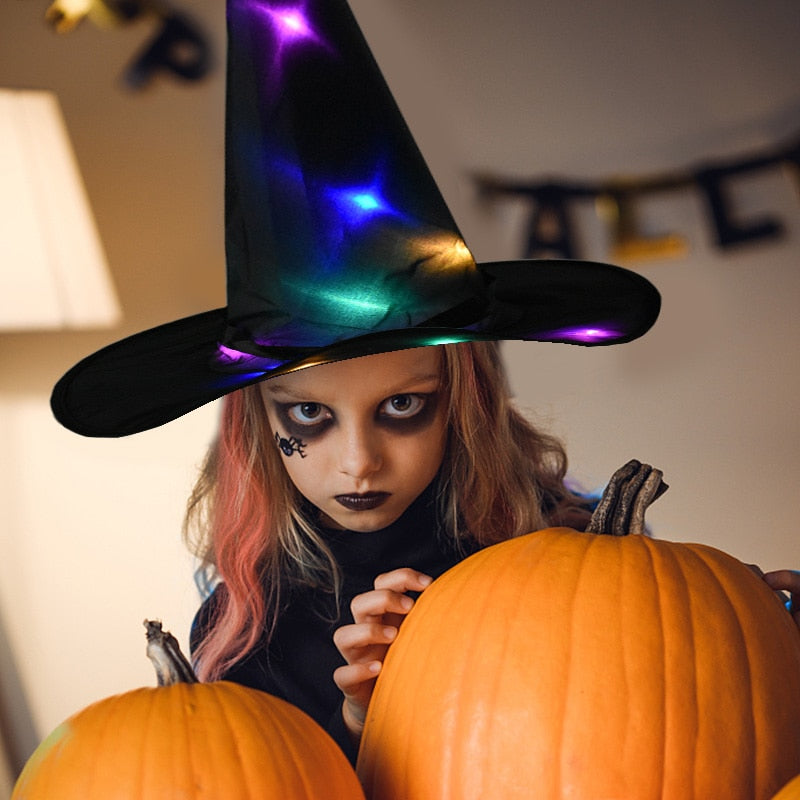 SKHEK Halloween 1Pcs Halloween Witch Hat With LED Light Glowing Witches Hat Hanging Halloween Decor Suspension Tree Glowing Hat For Kids