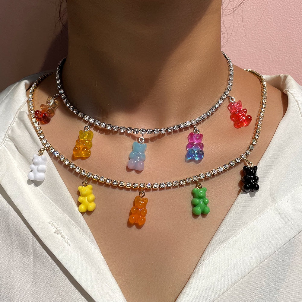 SKHEK New Fashion 7 Butterfly Pendant Necklace For Women Silver Color Rhinestone Gummy Bear Tennis Chain Choker Necklace Jewelry Gift