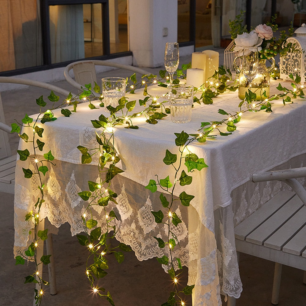 Christmas Gift 2m LED Green Leaf Rattan String Lights Artificial Plants Xmas Garland Lamp Party Wedding Decoration Christmas Tree Fairy Lights