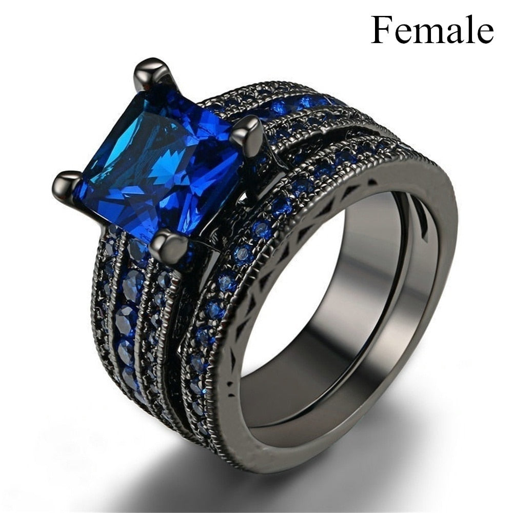 Skhek Couple Ring Men's Stainless Steel Ring Blue Zircon Women's Ring Sets Valentine's Day Wedding Bands Lover Gift