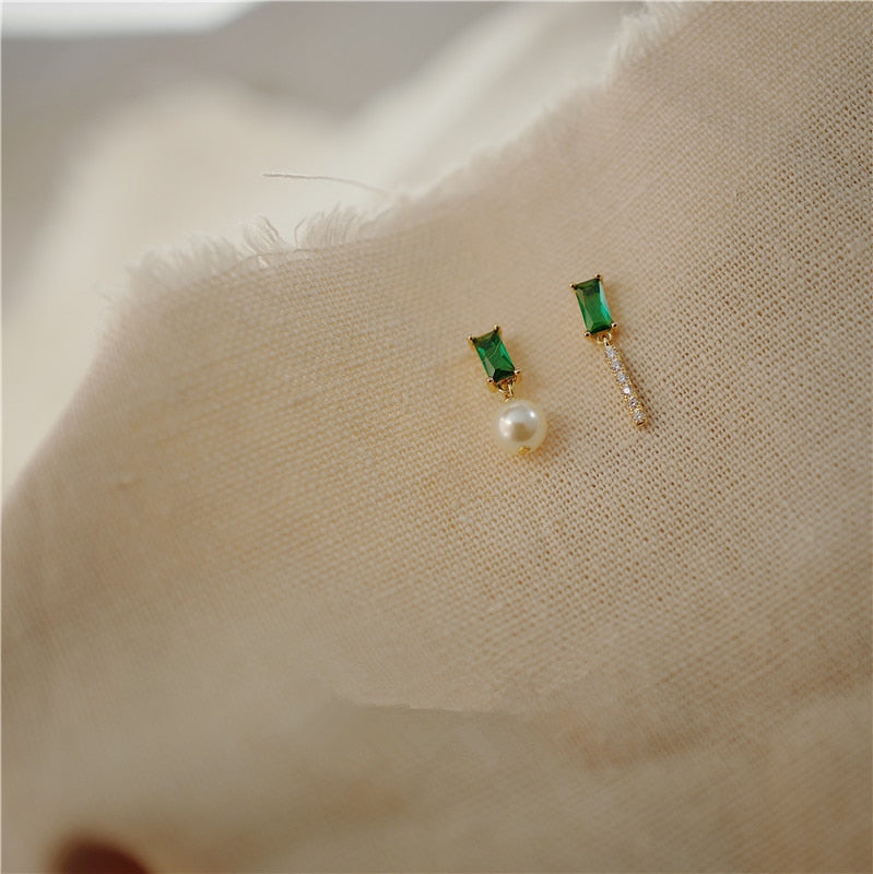 Skhek French Simple Emerald Pearl Earrings Women Light Luxury Temperament Wedding Jewelry Girlfriend Gift