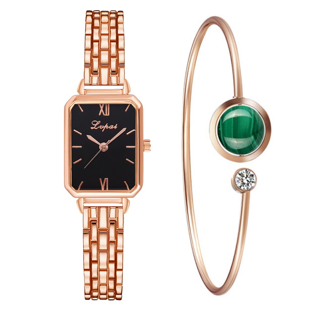 Christmas Gift Lvpai Brand  Watch For Women Luxury Square Ladies Wrist Watch Bracelet Set Green Dial  Rose Gold Chain Female Clock Reloj Mujer