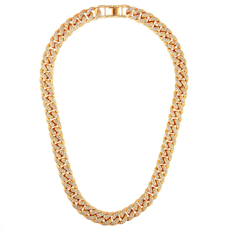 SKHEK 12Mm Miami Cuban Link Chain Gold Silver Color Choker Necklace For Women Iced Out Crystal Rhinestone Necklace Hip Hop Jewlery