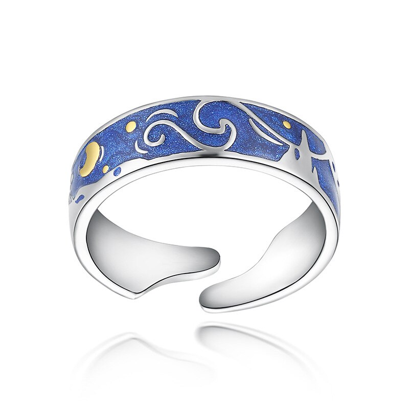 New Van Gogh Starry Sky Plated Open Lover Adjustable Rings Blue Starry Sky Rings For Women Men Fashion Jewelry Wedding Gift