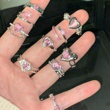 Load image into Gallery viewer, Skhek   Kpop Pink Zircon Heart Open Ring for Women Girls Luxury Blue Opal Heart Couple Finger Rings Wedding Y2K Jewelry