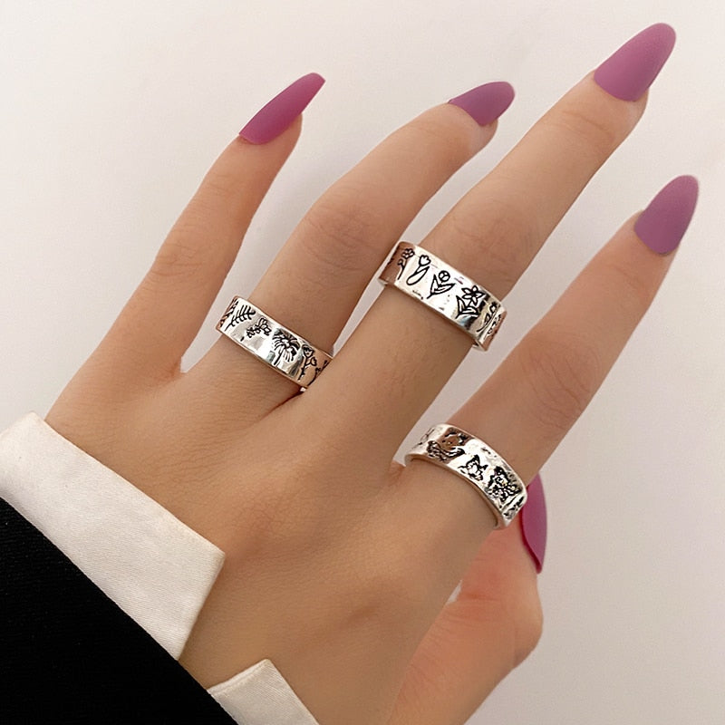 Skhek Fashion Gold Color Heart Women's Rings Set Korean Hollow Love Couple Rings Simple Finger Rings For Women Hip Hop Party Jewelry