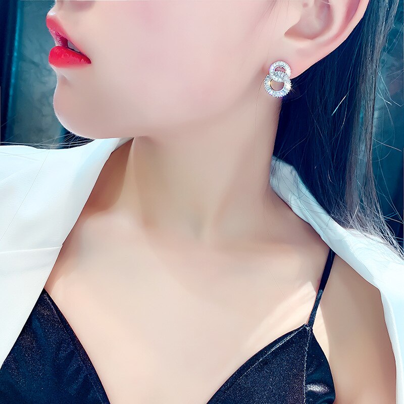 Skhek Luxury Shinny Full Paved Cubic Zircon Stud Earring for Women Wedding Circle Earings Fashion Jewelry Drop Shipping