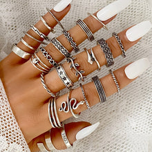 Load image into Gallery viewer, Skhek Bohemia Geometric Silver Color Snake Leaf Rings Set For Women Punk Fashion Letter Heart Finger Rings 25Pcs/Set Party Jewelry