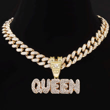 Load image into Gallery viewer, Skhek Men Women Hip Hop KING QUEEN Letter Pendant Necklace Iced Out Crystal Miami Cuban Link Chain Necklace Choker Hip Hop Jewelry