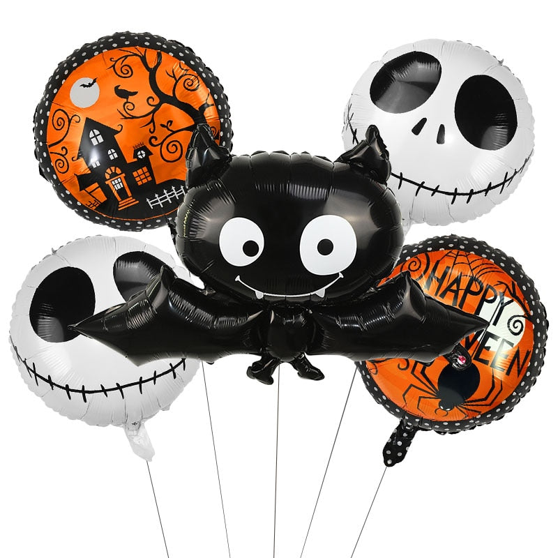 SKHEK Halloween 5Pcs Halloween Pumpkin Bat Foil Balloons Skeleton Spider Inflatable Air Globos Kids Toy Gift Halloween Party Decoration For Home