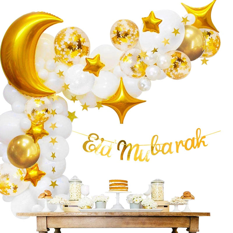 66Pcs/set Eid Mubarak Banner Moon Star Balloon Arch Garland Islamic Muslim Party Eid Al Adha Ramadan Kareem Decoration for Home
