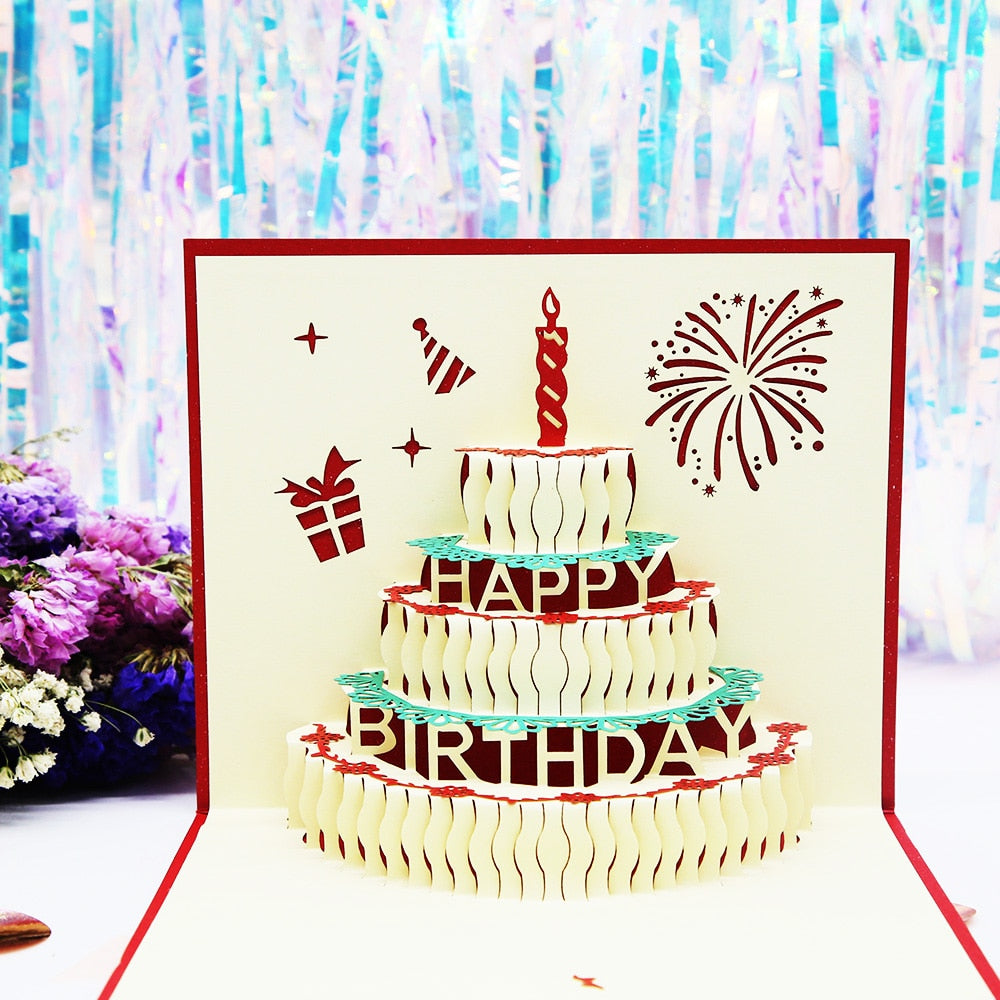 Hot 3D Pop UP Happy Birthday Cards Invitation Cake Greeting Card Business Kids Gift Tourist Postcard for Friend Dad Mom Present