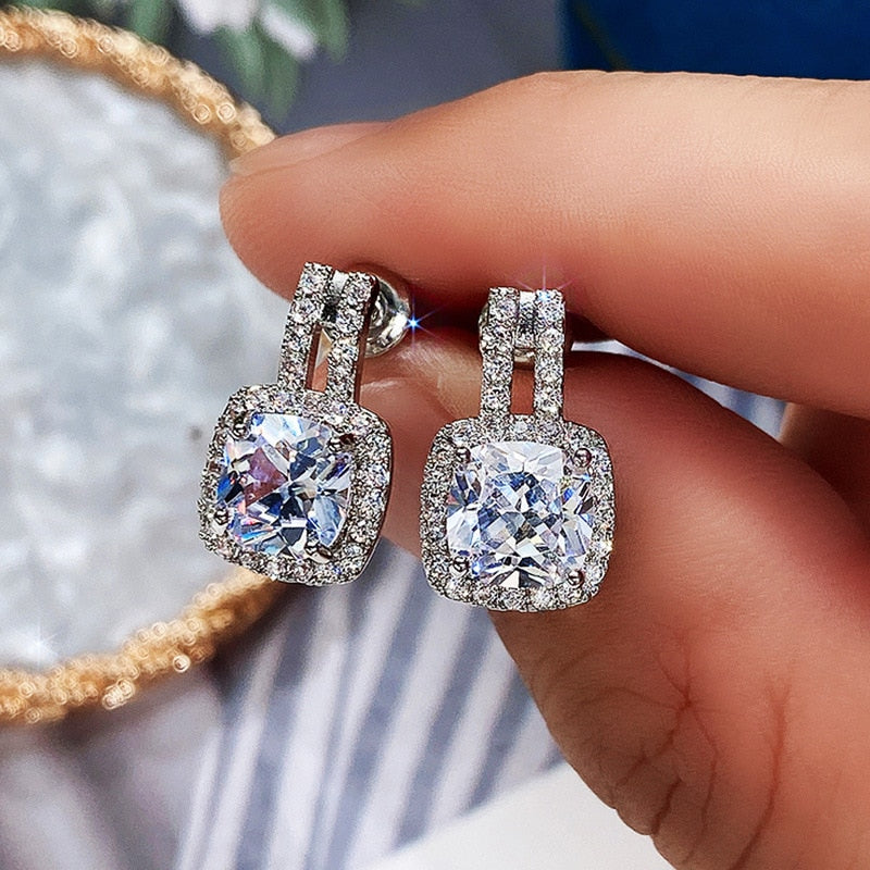 Skhek Luxury White Zircon Geometric Pear Shape Dangle Earrings for Women Girl Silver Color Bridal Wedding Party Ear Jewelry Gift