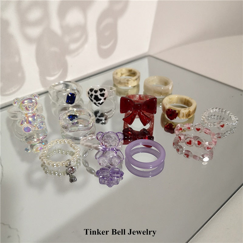 SKHEK 2022 Kpop Cute Goth Purple Transparent Bear Heart Resin Acrylic Bead Rings Set For Women Egirl BFF Y2K Finger Aesthetic Jewelry