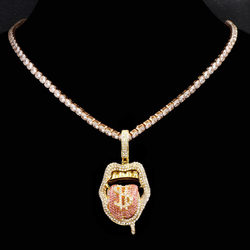 SKHEK Hip Hop Iced Out Lip Shape Dollar Tongue Pendant Cuban Necklace For Women Bling CZ Tennis Chain Necklace Men Fashion Jewelry