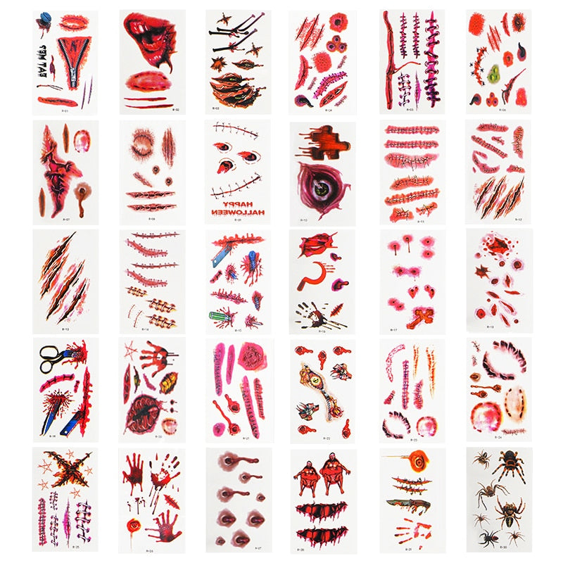 SKHEK Halloween 30Sheets Halloween Tattoo Stickers Bloody Wound  Waterproof Temporary Fake Tattoo Halloween Party Scary Decoration Horror Props