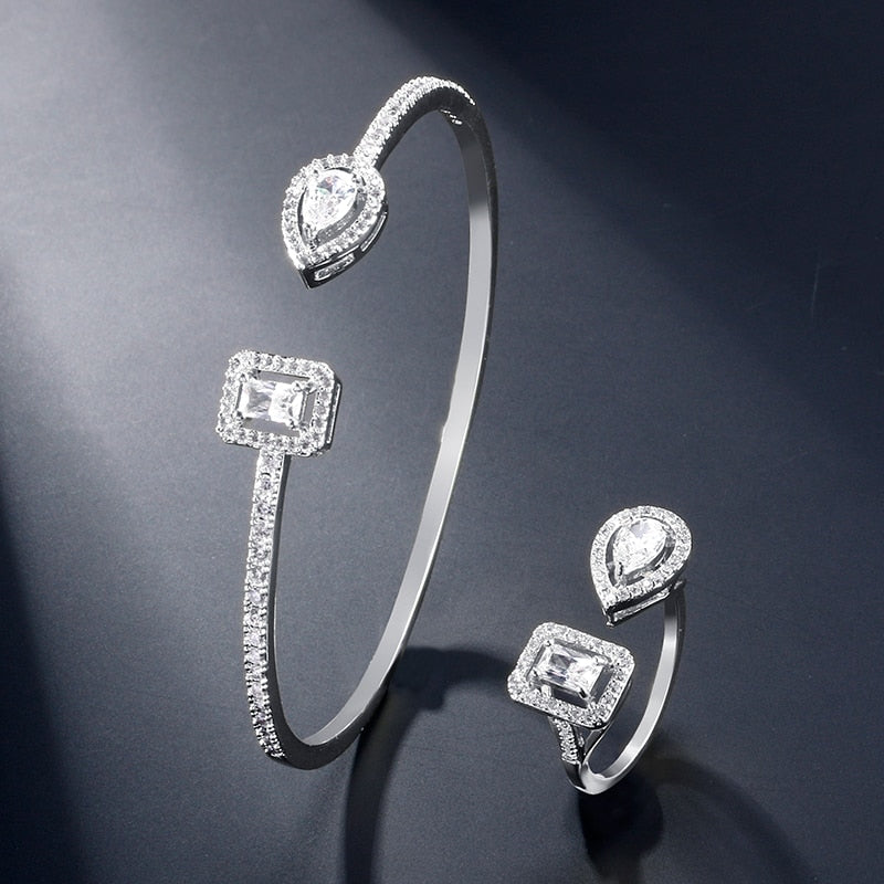 Skhek Fashion Wedding Bridal Jewelry Set Cubic Zirconia Ring Bracelet Sets For Women Party Gifts 2pcs Open Adjustable Luxury jewelry